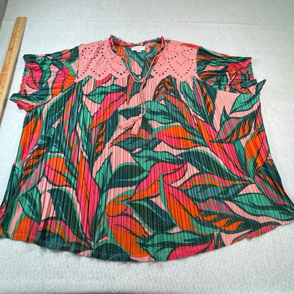 Rio & Rian New York 2X Colorful Tropical Leaf Print Pink Eyelet Trim Bohemian - Picture 2 of 8